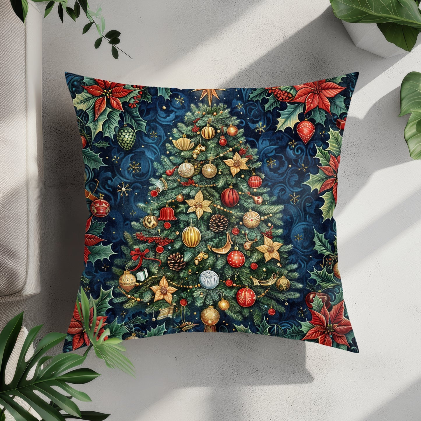 Christmas Tree Pillow, Holiday Throw Cushion, Festive Decor Gift, Elegant William Morris Inspired Design