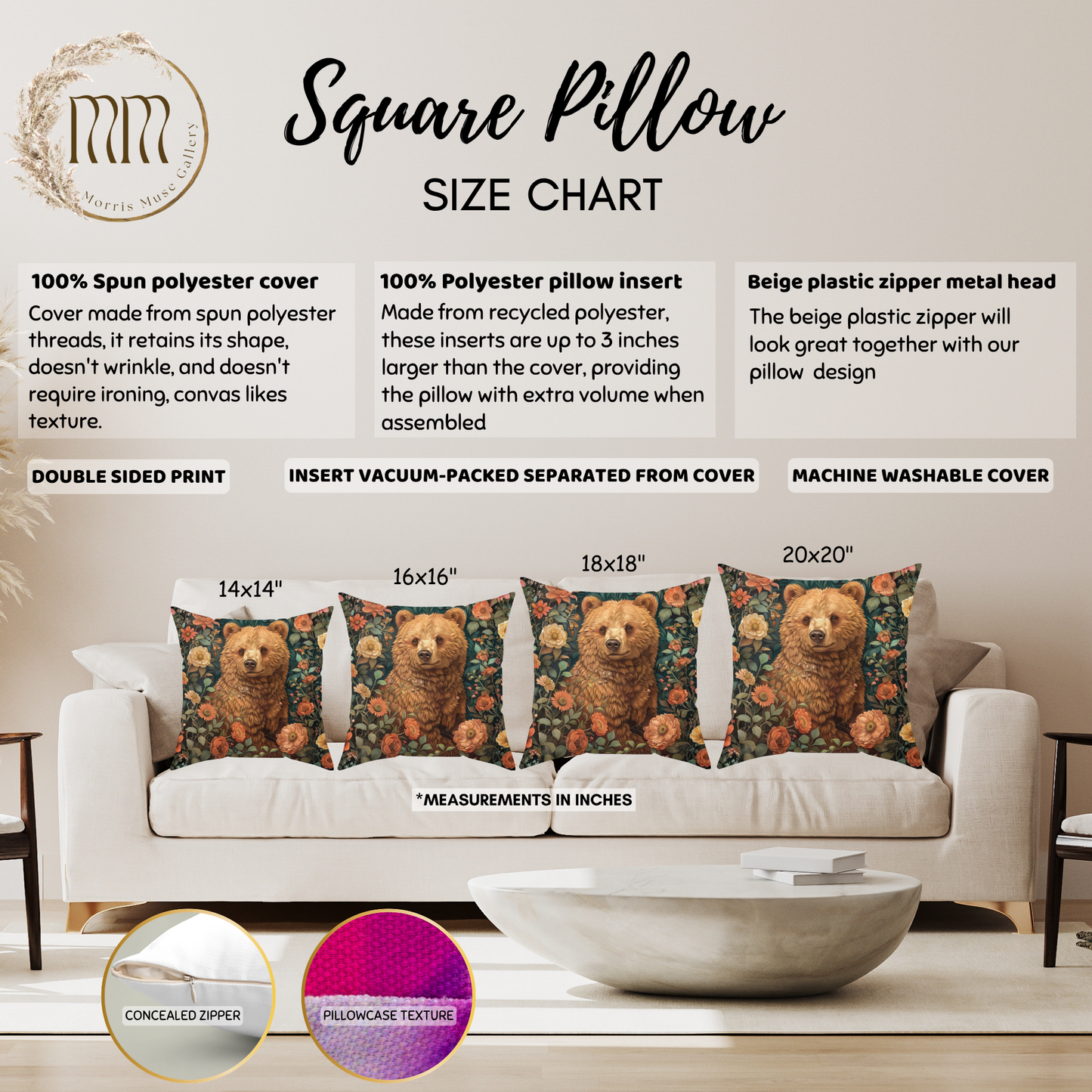 William Morris Floral Bear Pillow Spun Polyester Square Pillow | Decorative Home Accent