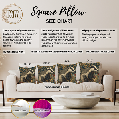 Vintage Badger Botanical Pillow, William Morris Inspired Woodland Animal Cushion