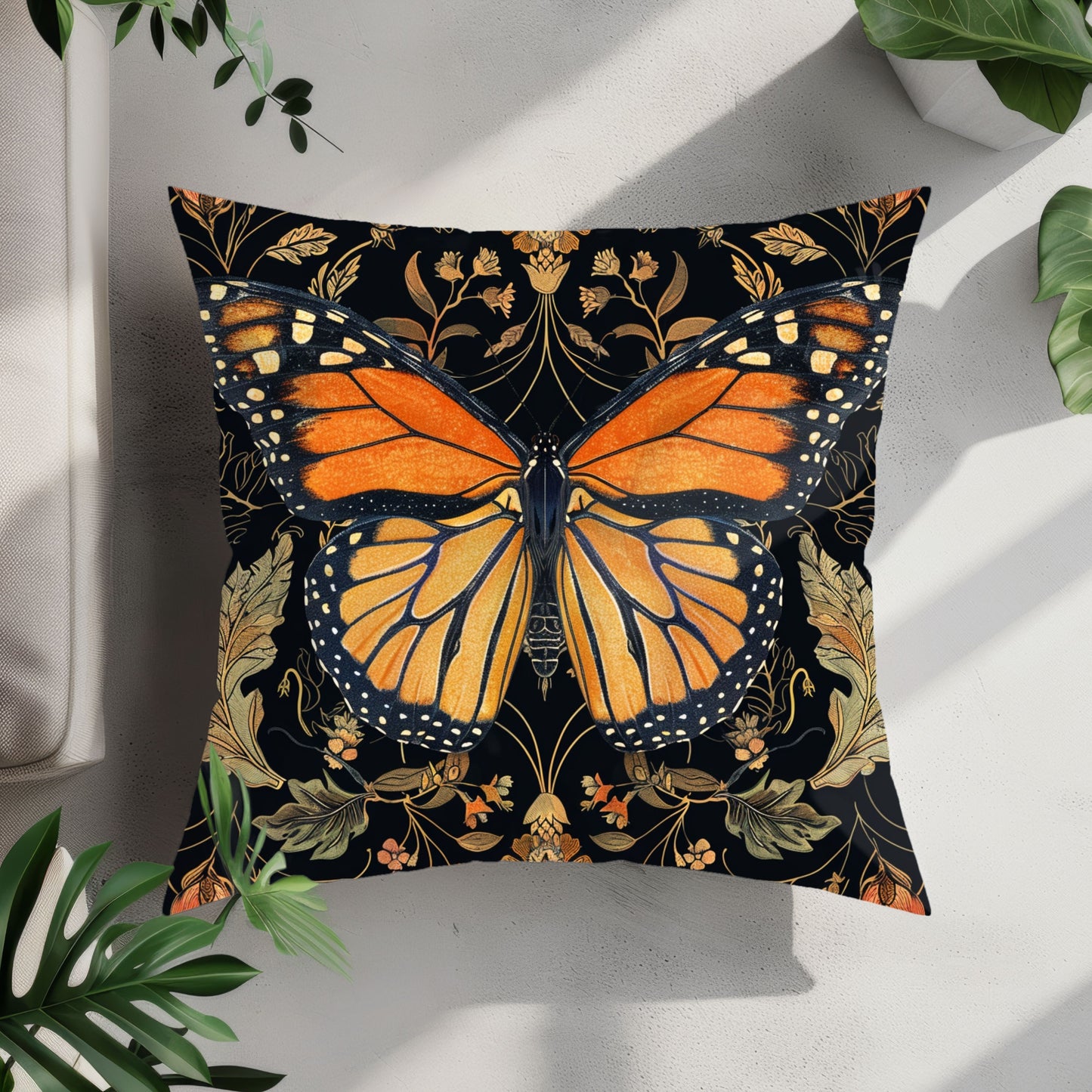 Woodland Monarch Butterfly Floral Botanical in the Style of William Morris Pillow