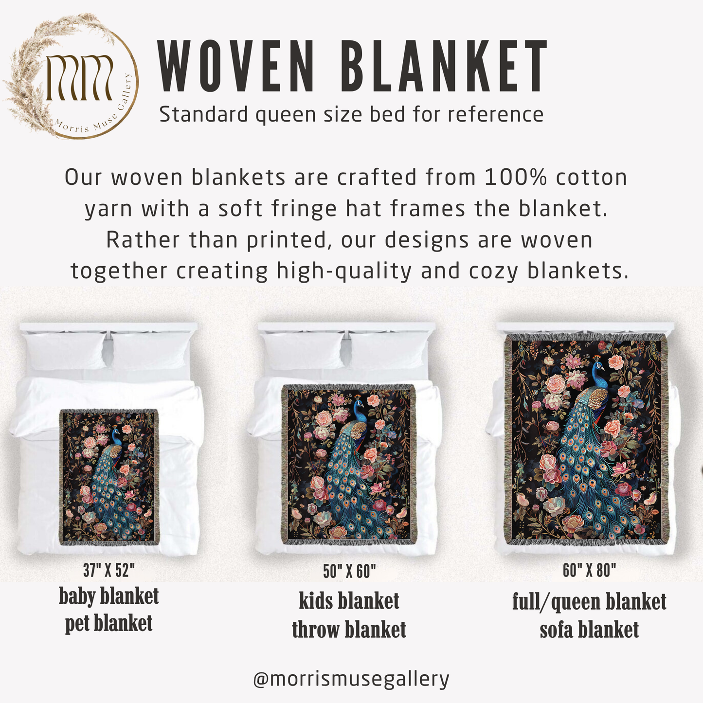 Peacock Art Deco Woven Blanket, Cozy Home Decor, William Morris Inspired Cotton Blanket