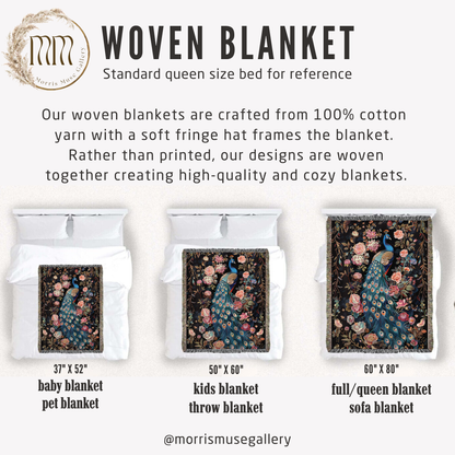 Peacock Art Deco Woven Blanket, Cozy Home Decor, William Morris Inspired Cotton Blanket