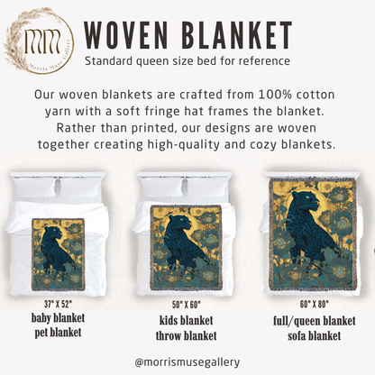 Midnight Bloom Panther Woven Blanket, Art Nouveau Floral Jungle Throw