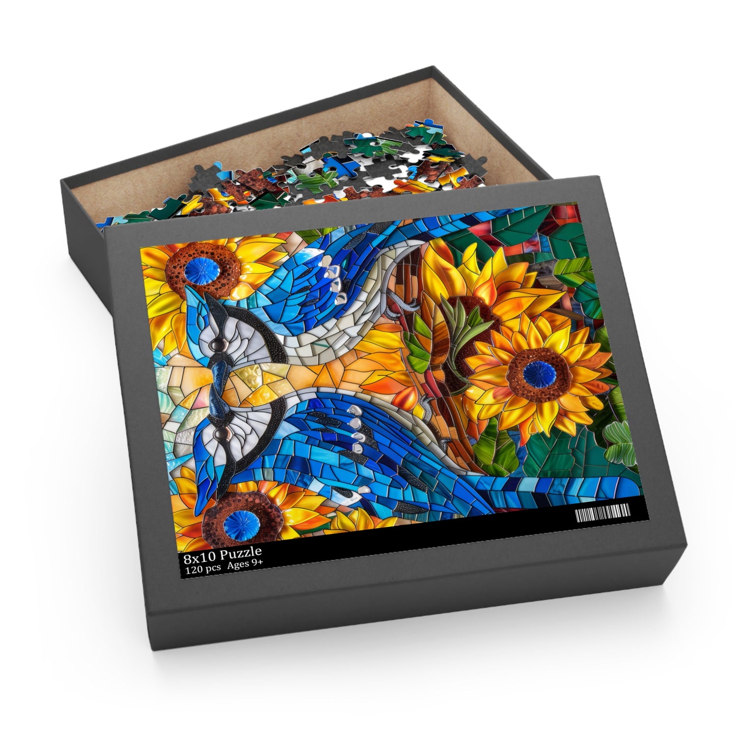 Stained Glass Blue Jay Lovebirds Sunflower Field Jigsaw Puzzle (120, 252, 500-Piece) Gift-Ready Box, Adult Jigsaw Puzzle