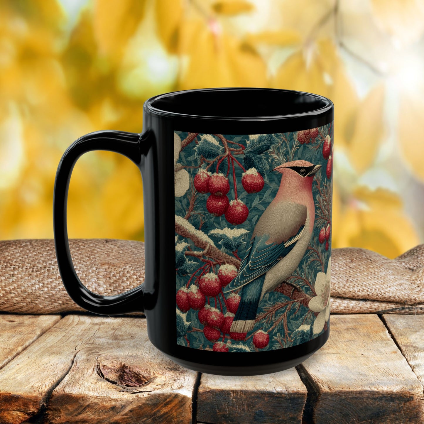 Waxwing Bird Vintage Berry Botanical Black Mug (11oz,15oz) Nature Lover Wildlife Art Gift