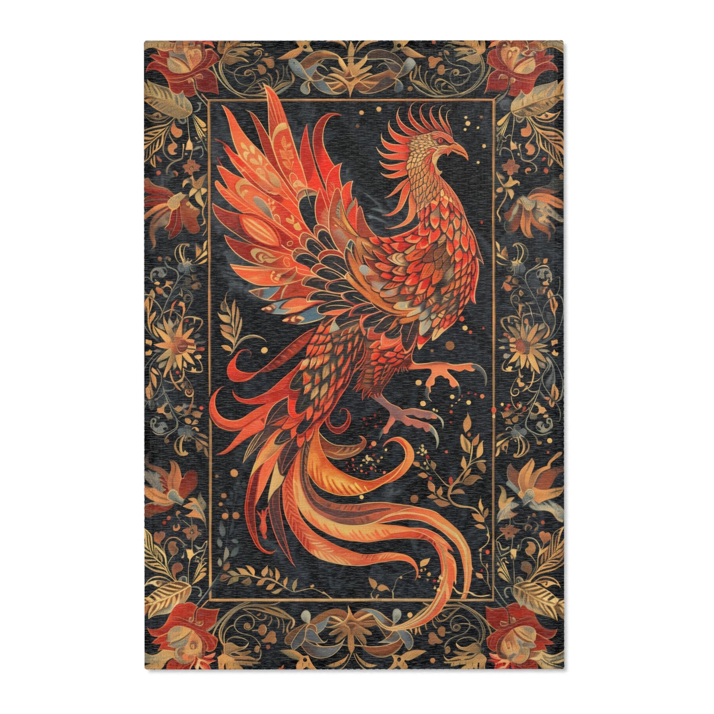 hoenix Rising Tapestry Area Rug – Elegant Black & Gold Mythical Bird Design for Living Room, Bedroom, or Entryway