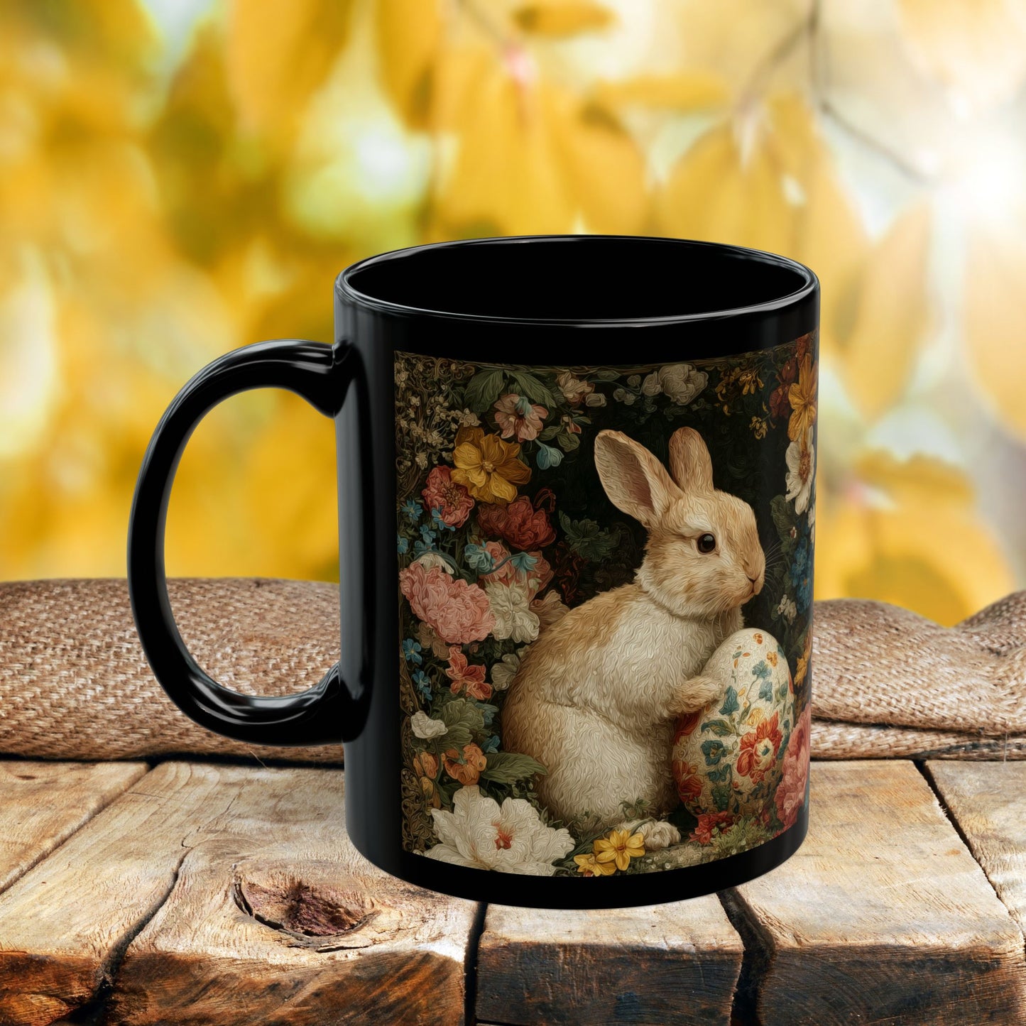 Easter Bunny Floral Black Mug, Vintage Rabbit & Painted Egg Coffee Cup (11oz/15oz)