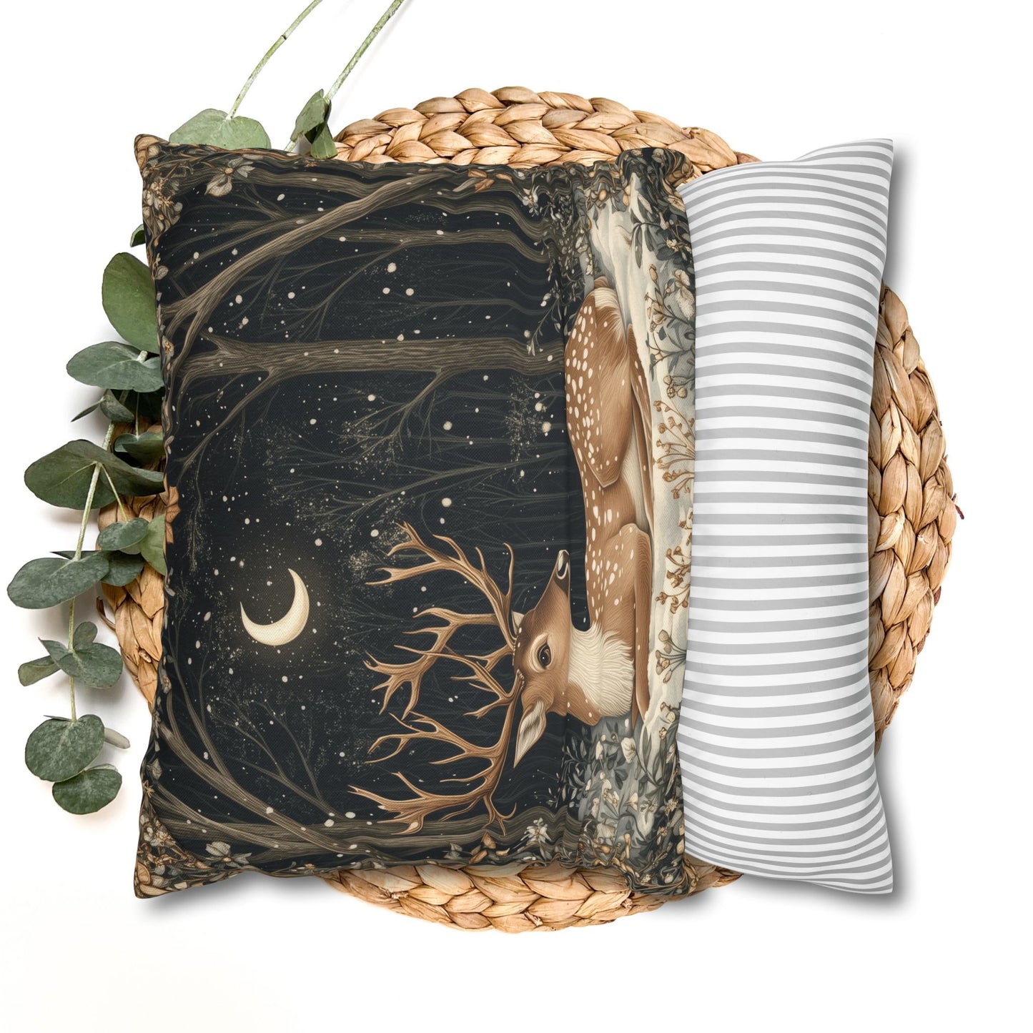 Winter Night Deer Throw Pillowcase, Crescent Moon Woodland Decorative Pillow