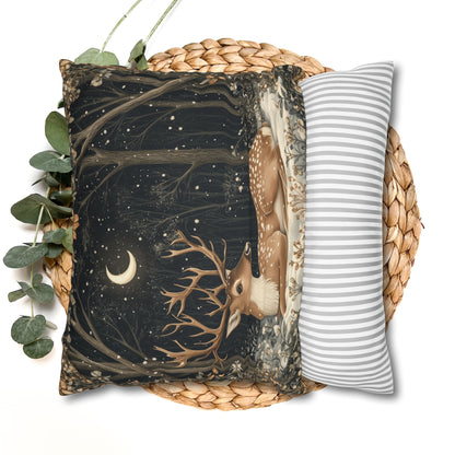 Winter Night Deer Throw Pillowcase, Crescent Moon Woodland Decorative Pillow