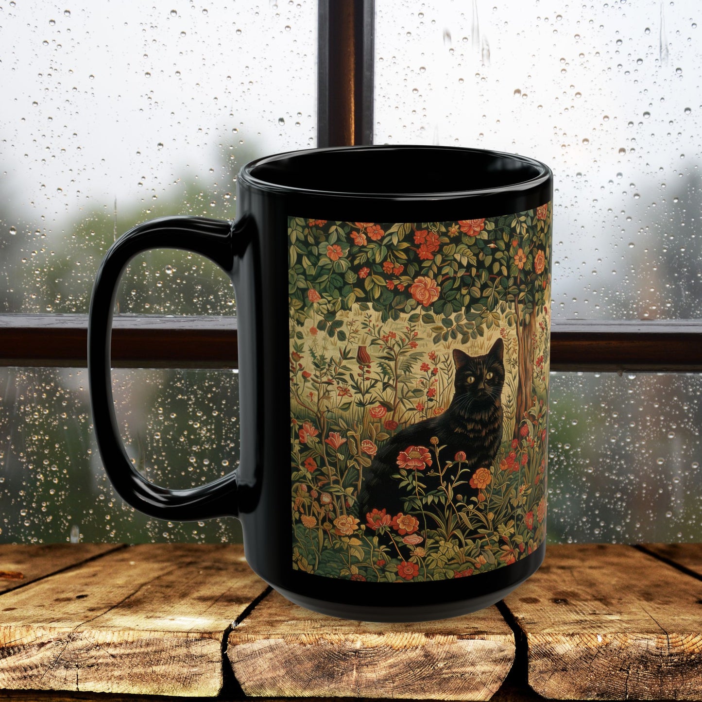 Black Cat Floral Mug, William Morris Style Botanical Cat Coffee Mug, Dark Academia Black Ceramic Mug 11oz & 15oz