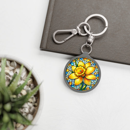 March Jonquil Keyring Tag Birth Month Flower, Jonquil Faux Watercolor Stained Glass