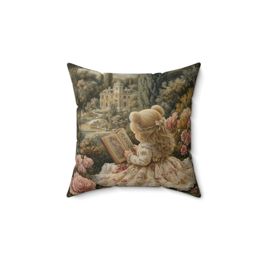 Victorian Storybook Girl Reading Pillow, Vintage Floral Garden Square Cushion, Cottagecore Nursery Decor