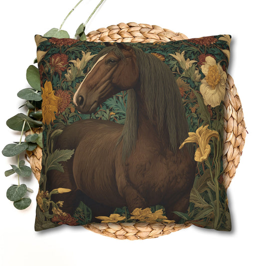 Vintage Brown Horse Floral Pillowcase, William Morris Style Botanical Equestrian Decorative Cushion