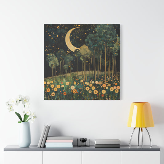 Moonlit Meadow Dreamscape | Matte Canvas Wall Art, Stretched, 1.25" | Starry Night Forest & Flowers Print