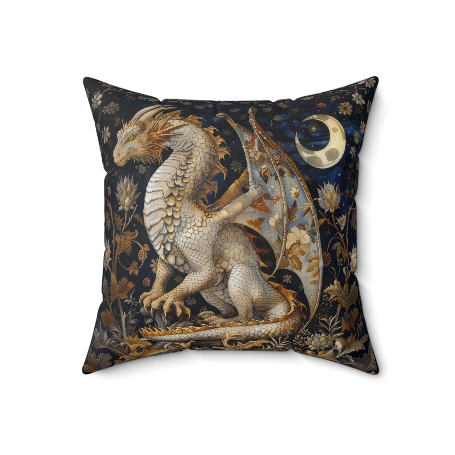 Victorian Dragon Crescent Moon And Stars in Whimsical Night Pillow Home Decor, Spun Polyester Square Pillow