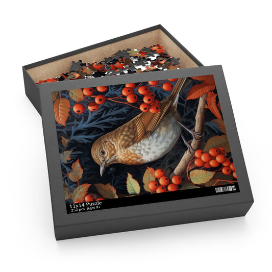 Albumen Thrush Bird Red Berries William Morris Inspired Puzzle Box (120, 252, 500-Piece) Family Jigsaw Puzzle, Puzzle Box Gift