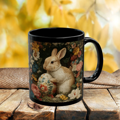 Easter Bunny Floral Black Mug, Vintage Rabbit & Painted Egg Coffee Cup (11oz/15oz)