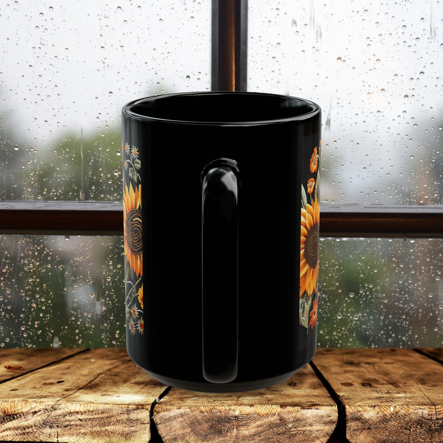 Sunflowers Pattern Embroidery Mug Black Mug (11oz, 15 oz)