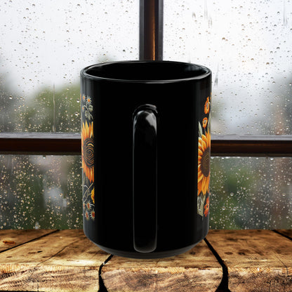 Sunflowers Pattern Embroidery Mug Black Mug (11oz, 15 oz)