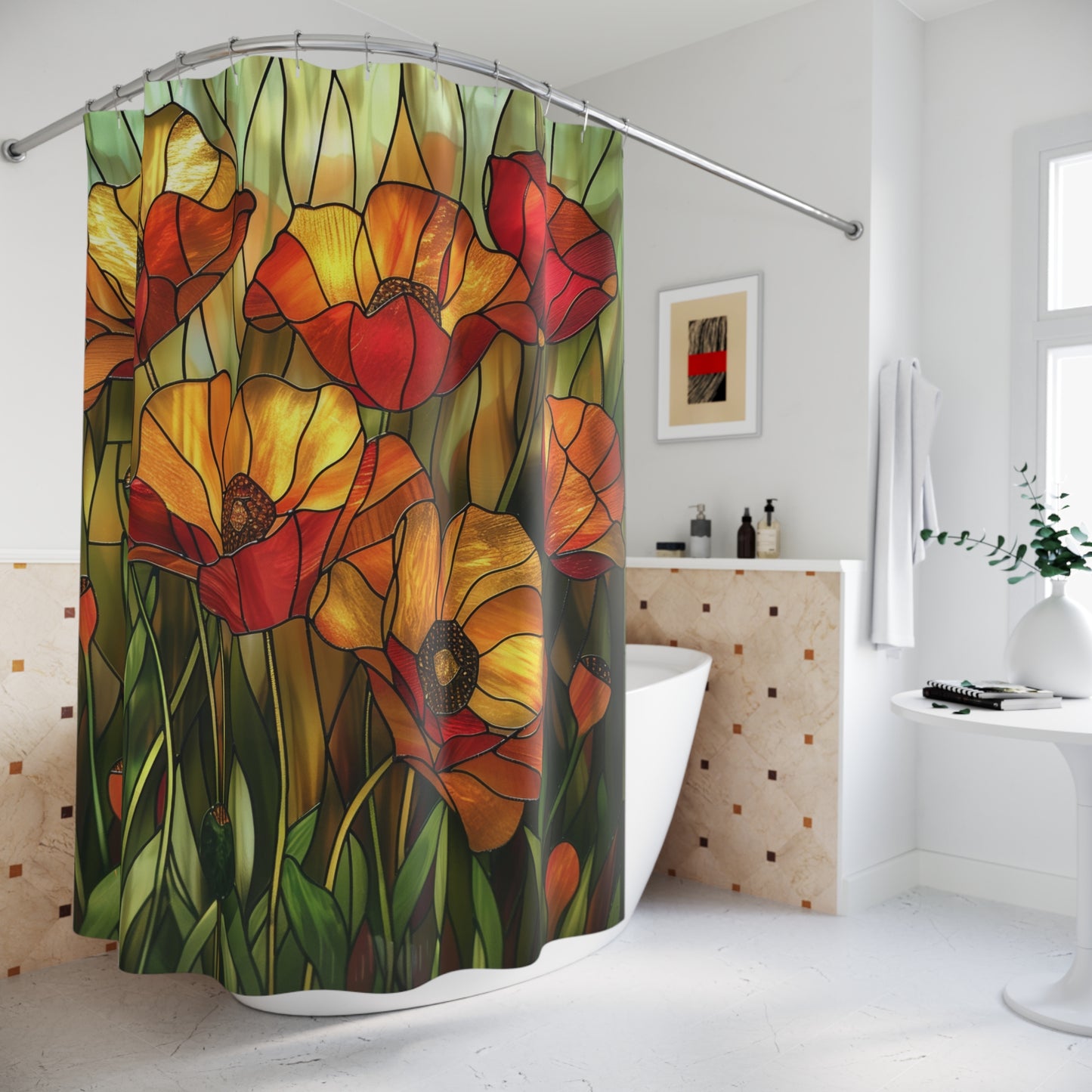 Faux Stained Glass Of Poppies Polyester Shower Curtain