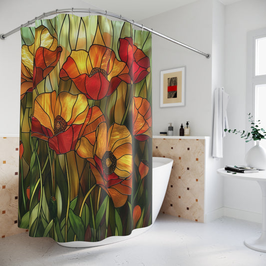 Faux Stained Glass Of Poppies Polyester Shower Curtain