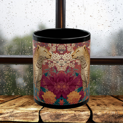 Floral Leopard Mug, Black Ceramic Jungle Coffee Cup 11oz & 15oz – Tropical Wild Cat Art Gift for Animal Lovers & Home Decor