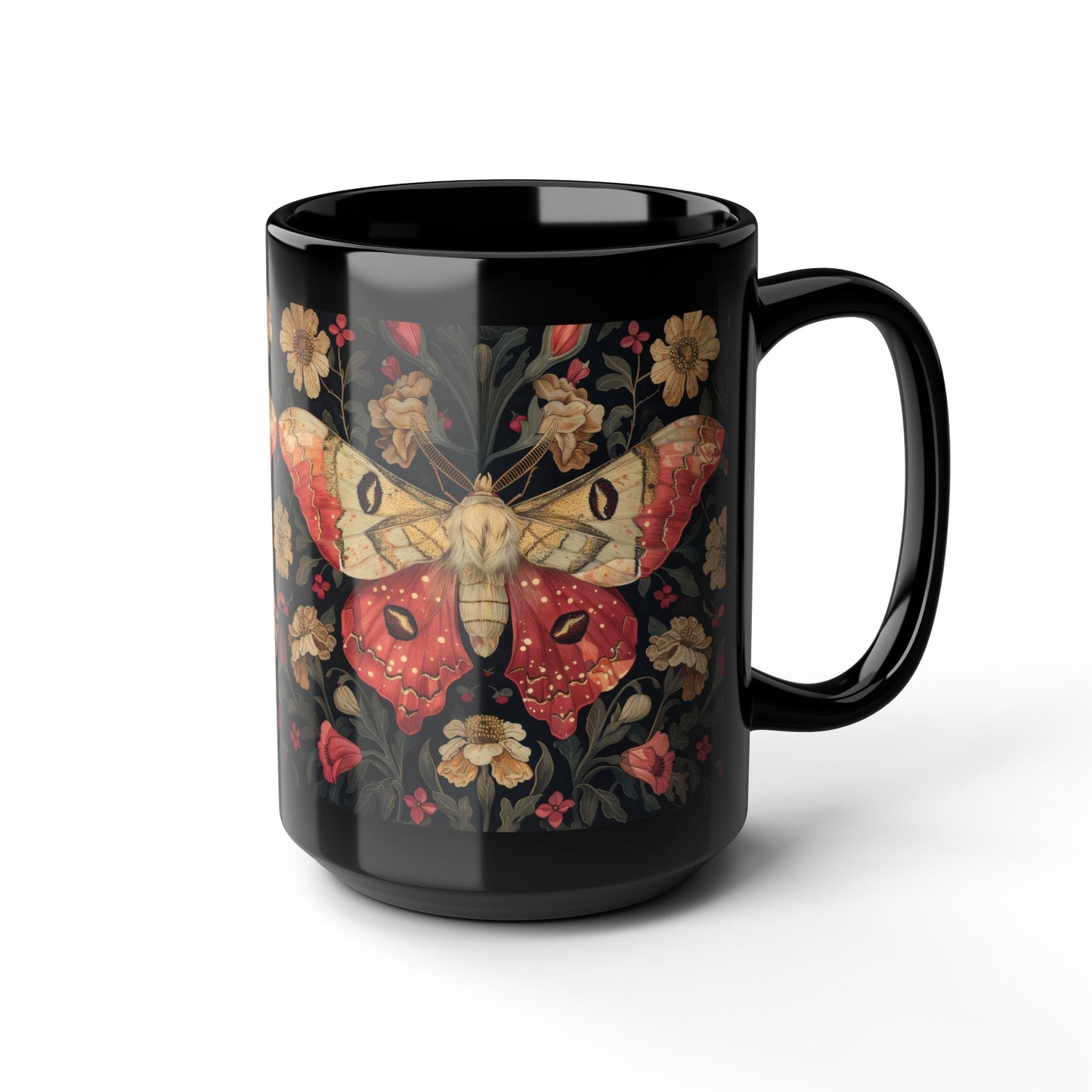 William Morris Inspired Botanical Rosy Maple Moth Black Mug 11oz, 15 oz