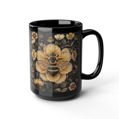 Botanical Bumblebee William Morris Inspired Black Coffee Mug For Her Him Ceramic Mug Black Mug 11oz, 15oz