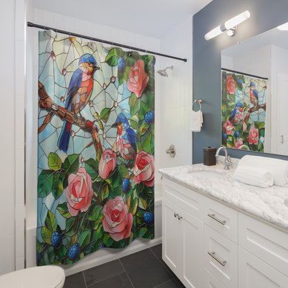 Faux Stained Glass Blue Birds Roses Field Polyester Shower Curtain