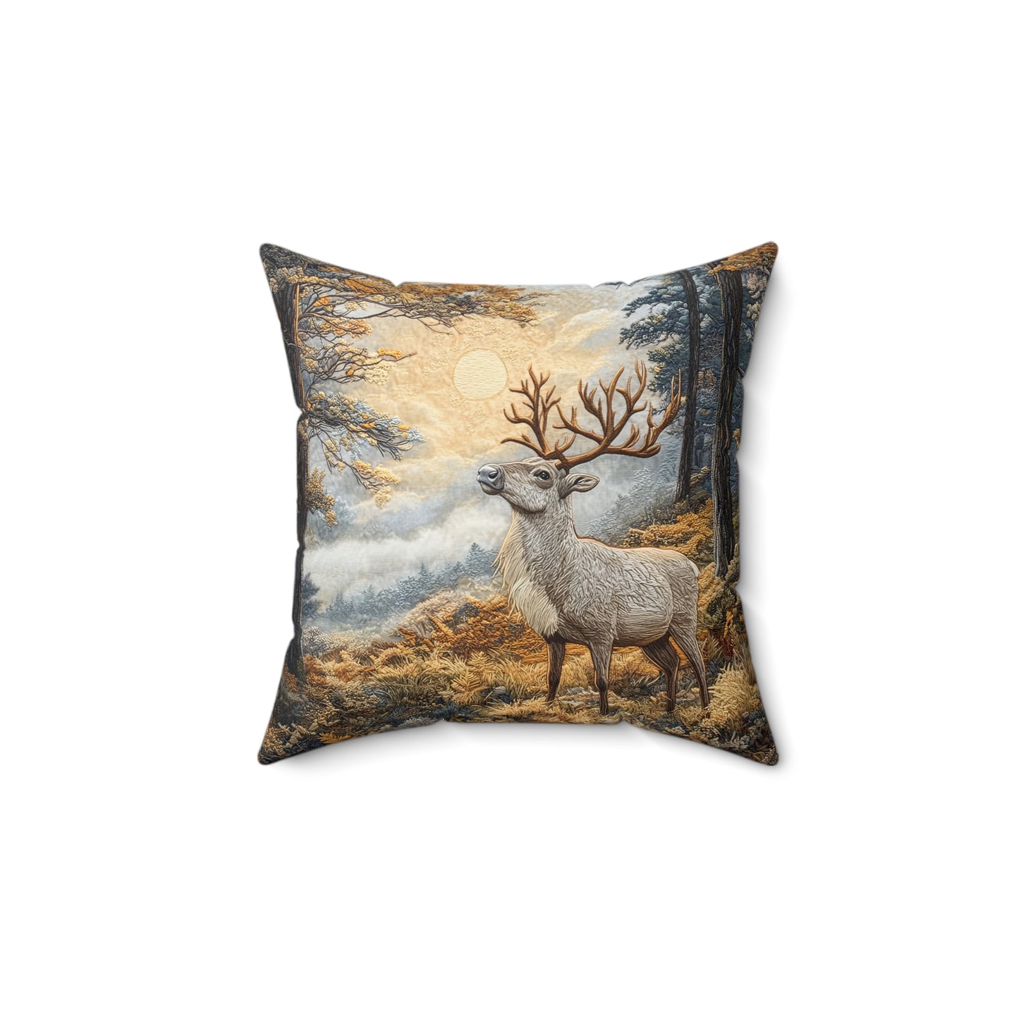 Mountain Reindeer Decorative Fall Square Pillow, Spun Polyester Home Decor, William Morris Inspired