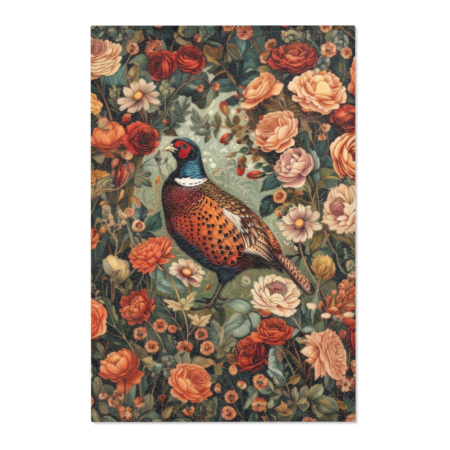 Pheasant Floral Garden, Art Deco Style Home Decor, Pheasant Rectangle Area Rug, Pheasant Living Room Fall Season Carpet Decor