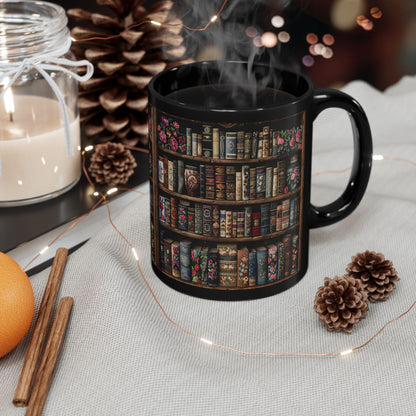 Victorian Bookshelf Mug, Vintage Bookshelf black Mug, Dark Academia Gift Idea, Book Lover Cup 11oz,15oz Botanical Books