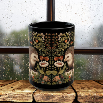 William Morris Inspired Botanical Hedgehog Black Coffee Mug For Her Him Ceramic Mug Black Mug 11oz, 15oz
