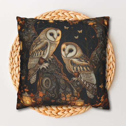 Enchanted Forest Owl Pillow, Decorative Fall Square Pillowcase