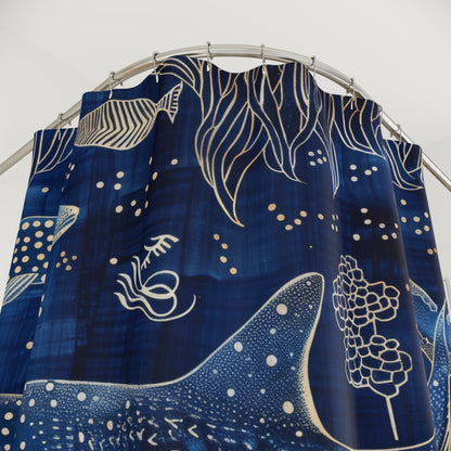 Indigo Ink Whale Shark Pattern Polyester Shower Curtain
