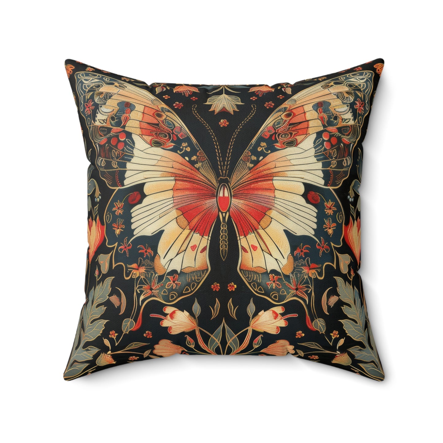 Enchanting Butterfly in the Style of William Morris, Woodland Blossoms Floral Botanical Pillow