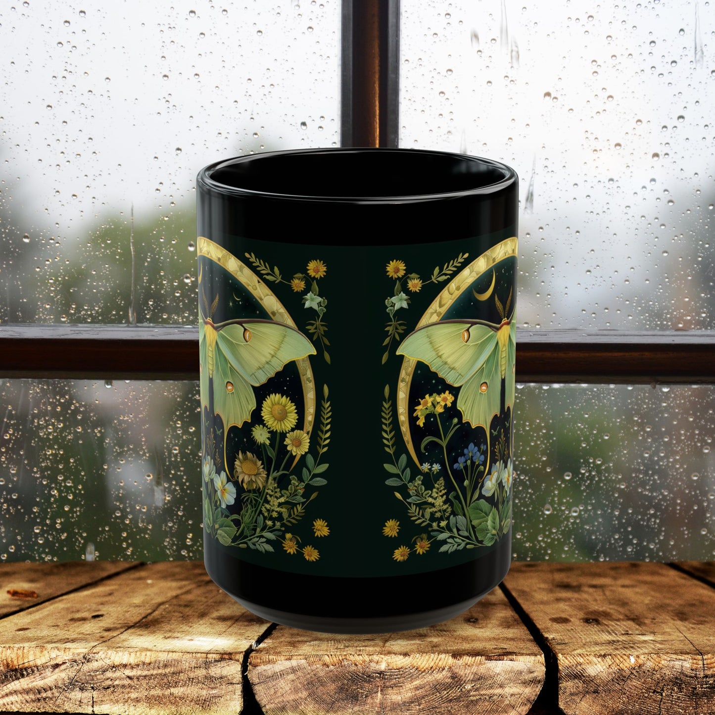 William Morris Inspired Luna Moth Crescent Moon Black Coffee Mug 11oz | Magical Luna Moth Ceramic Black Mug Gift