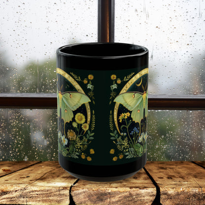 William Morris Inspired Luna Moth Crescent Moon Black Coffee Mug 11oz | Magical Luna Moth Ceramic Black Mug Gift