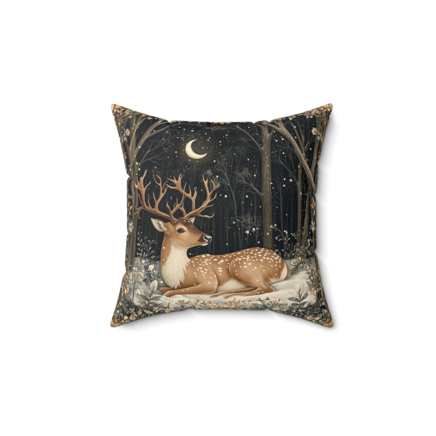 Winter Night Deer Throw Pillow, Crescent Moon Woodland Decorative Pillow