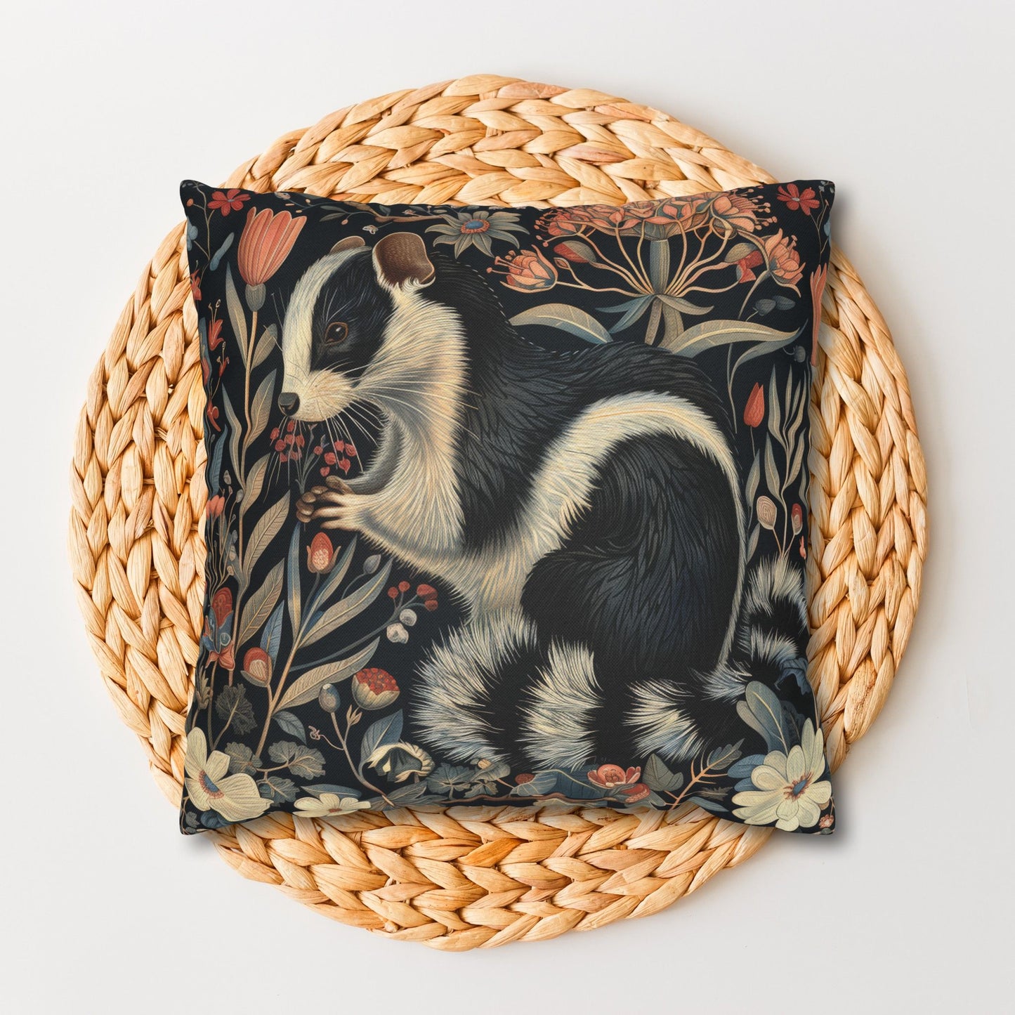 Floral Skunk Art Nouveau Pillowcase: William Morris Inspired Cushion