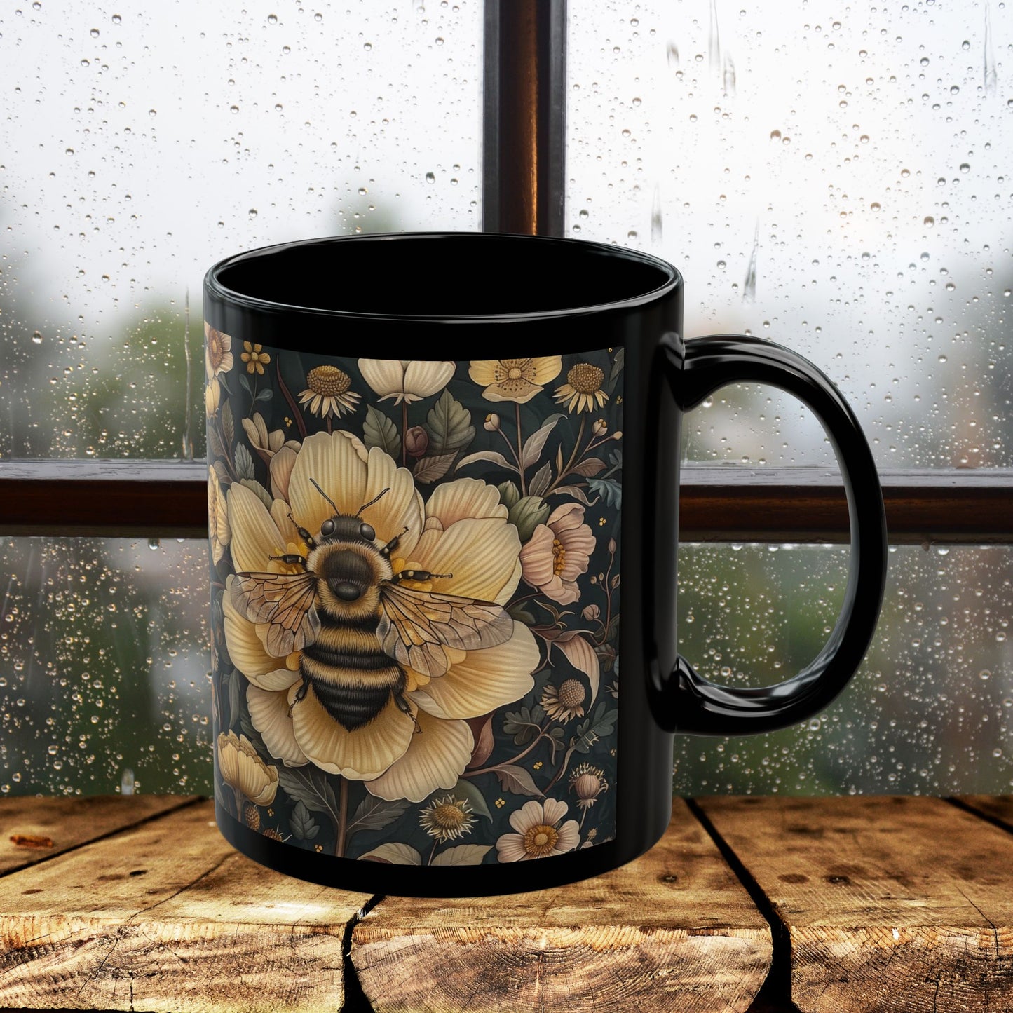 Botanical Bumblebee William Morris Inspired Black Coffee Mug For Her Him Ceramic Mug Black Mug 11oz, 15oz