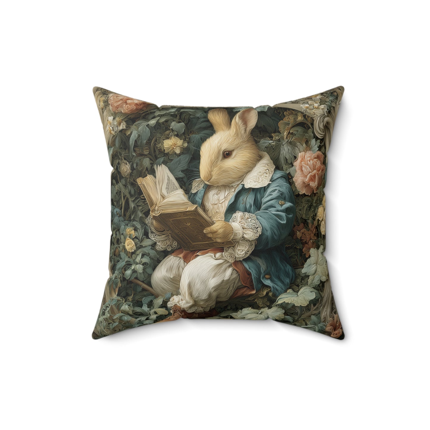 Storybook Rabbit Reading Pillow, William Morris Style Vintage Bunny Among Flowers
