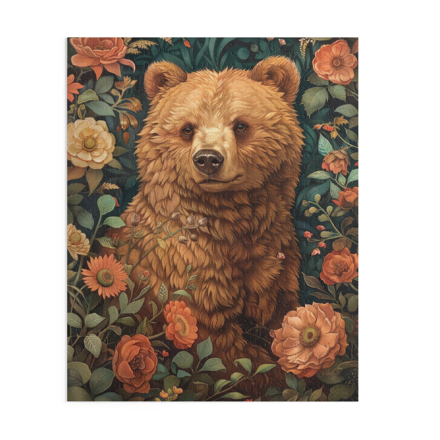 William Morris Inspired Brown Bear Wildflowers Puzzle Box (120, 252, 500-Piece) Family Jigsaw Puzzle, Puzzle Box Gift