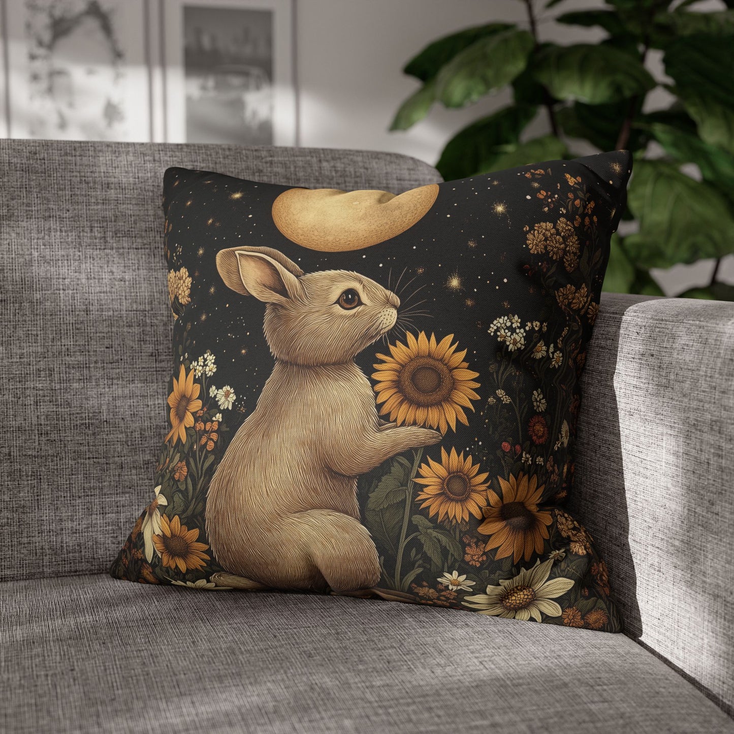 Moonlit Bunny Floral , William Morris Inspired Floral Bunny Pillowcase