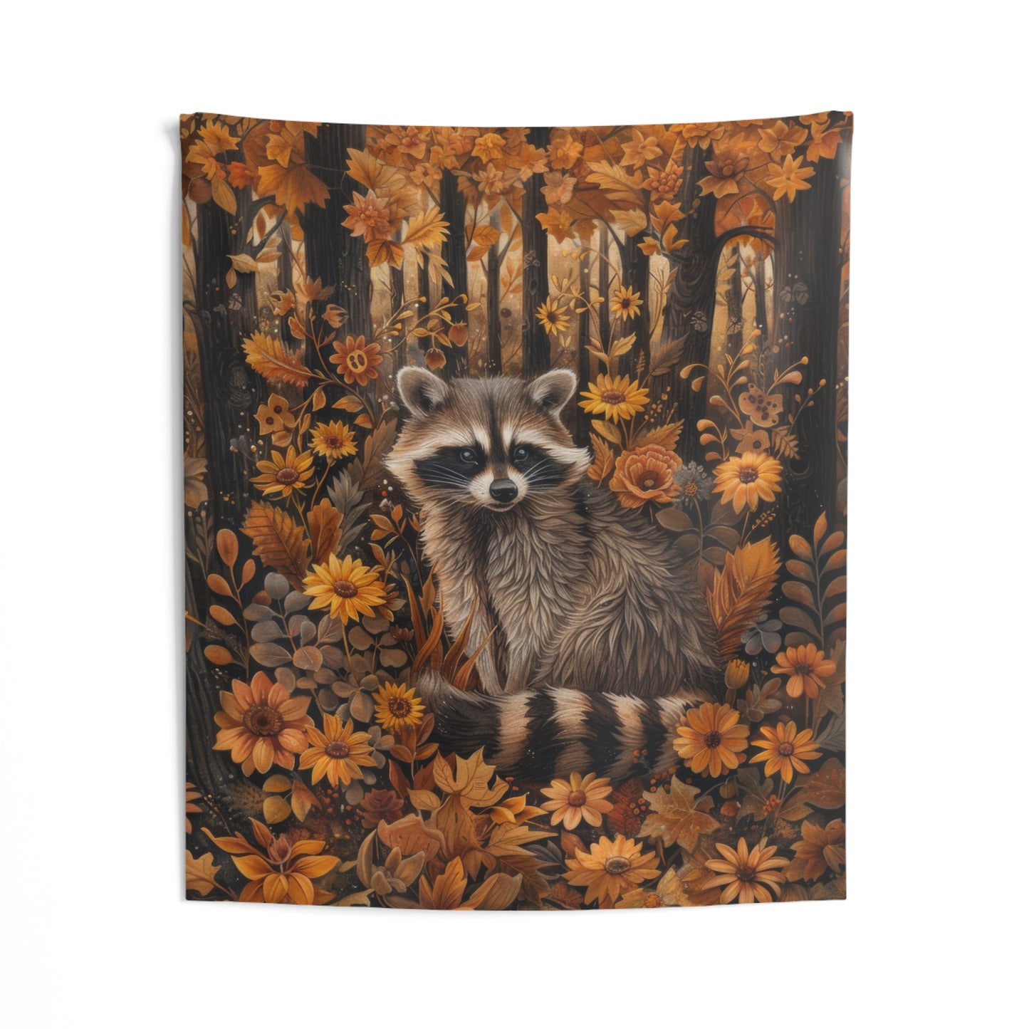 William Morris Inspired Woodland Raccoon Autumn Forest Tapestry Wall Art