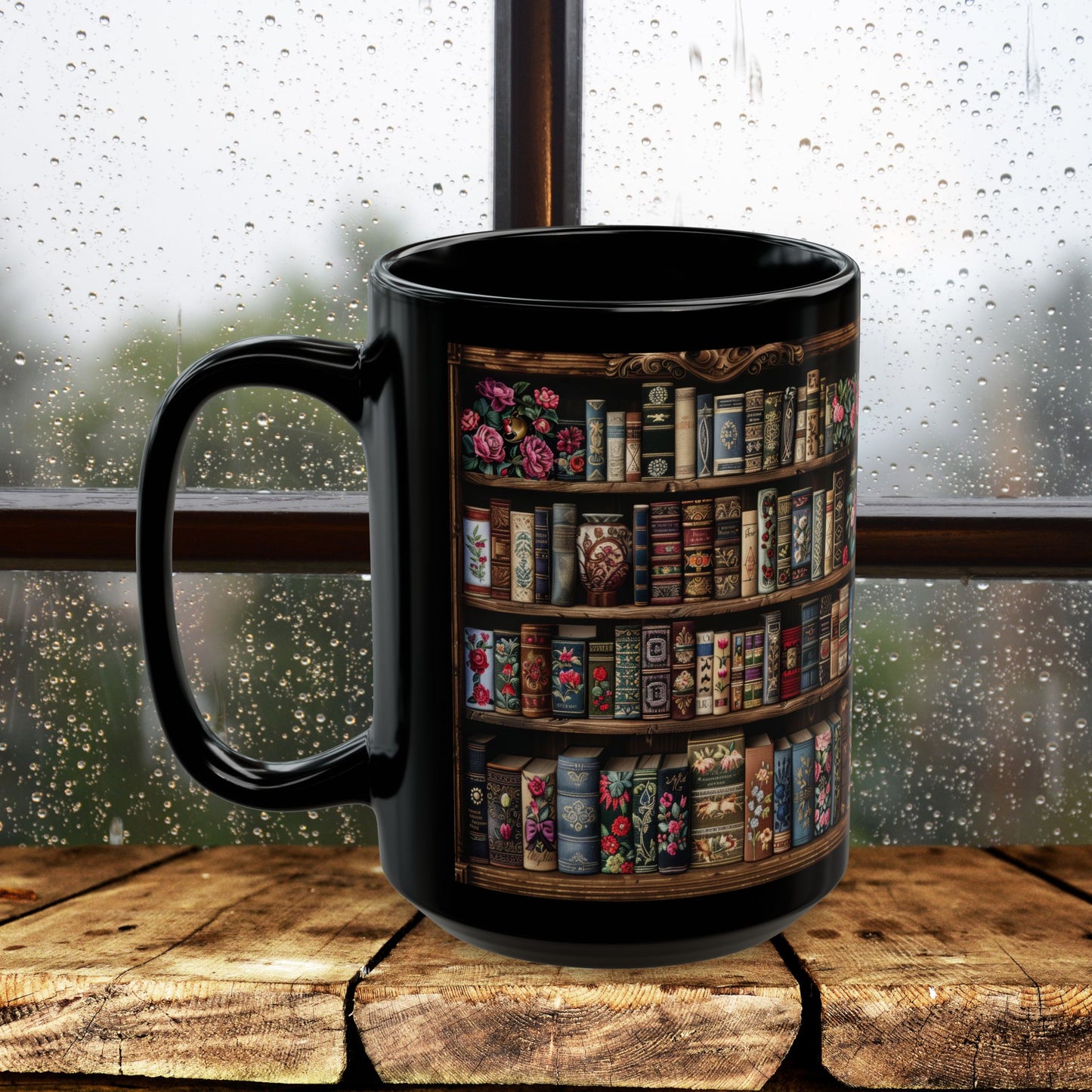 Victorian Bookshelf Mug, Vintage Bookshelf black Mug, Dark Academia Gift Idea, Book Lover Cup 11oz,15oz Botanical Books