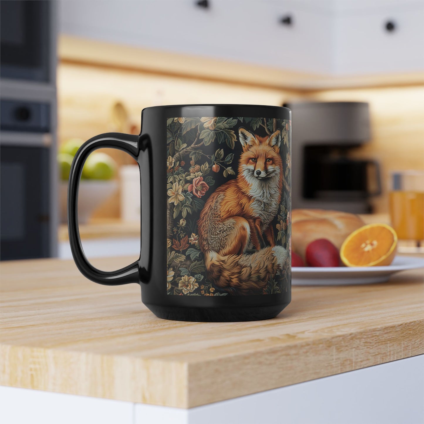 Forest Fox William Morris Inspired | Fox Ancient Black Coffee Mug For Her Him Ceramic Mug Black Mug 11oz, 15oz