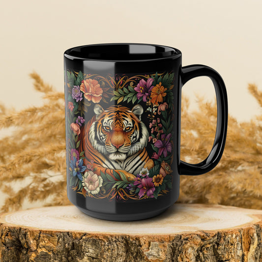 Tropical Tiger William Morris Inspired Black Coffee Mug For Her Him Ceramic Mug Black Mug  11oz, 15oz