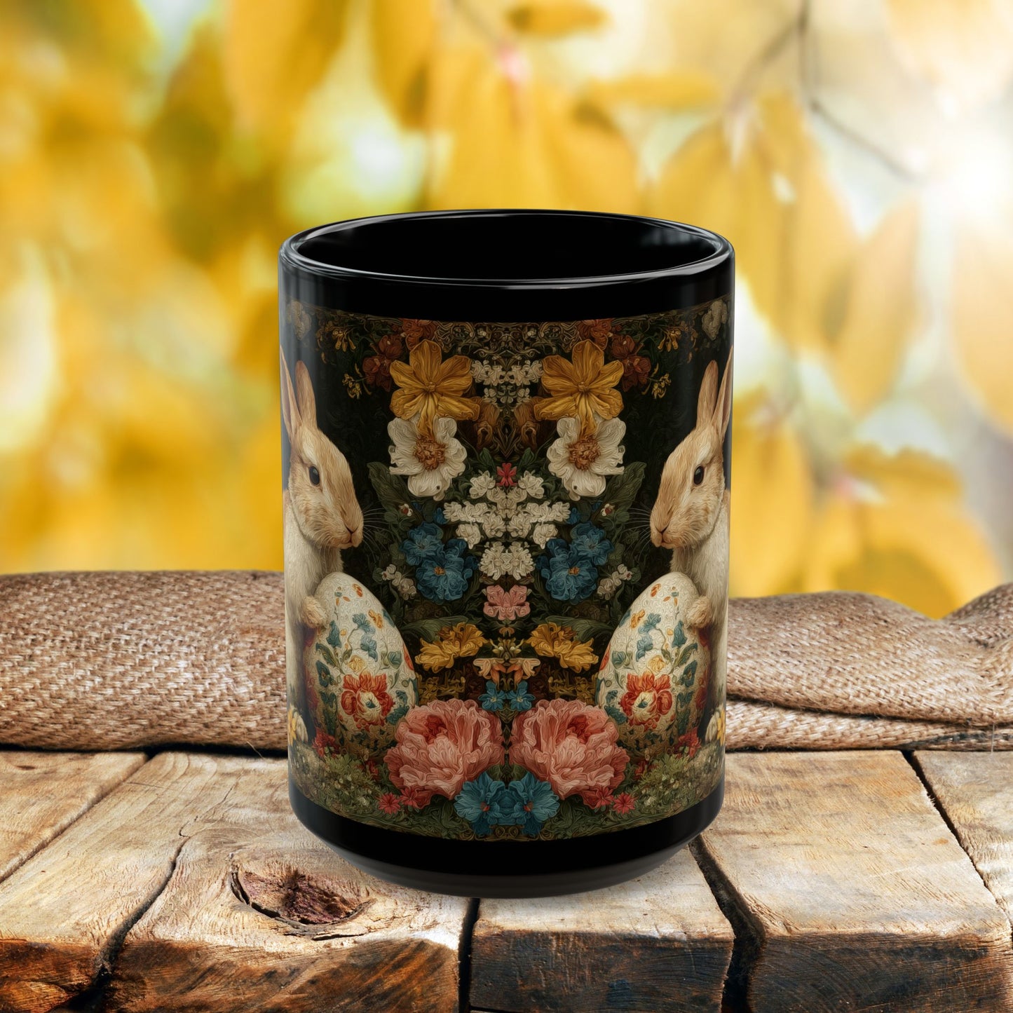 Easter Bunny Floral Black Mug, Vintage Rabbit & Painted Egg Coffee Cup (11oz/15oz)