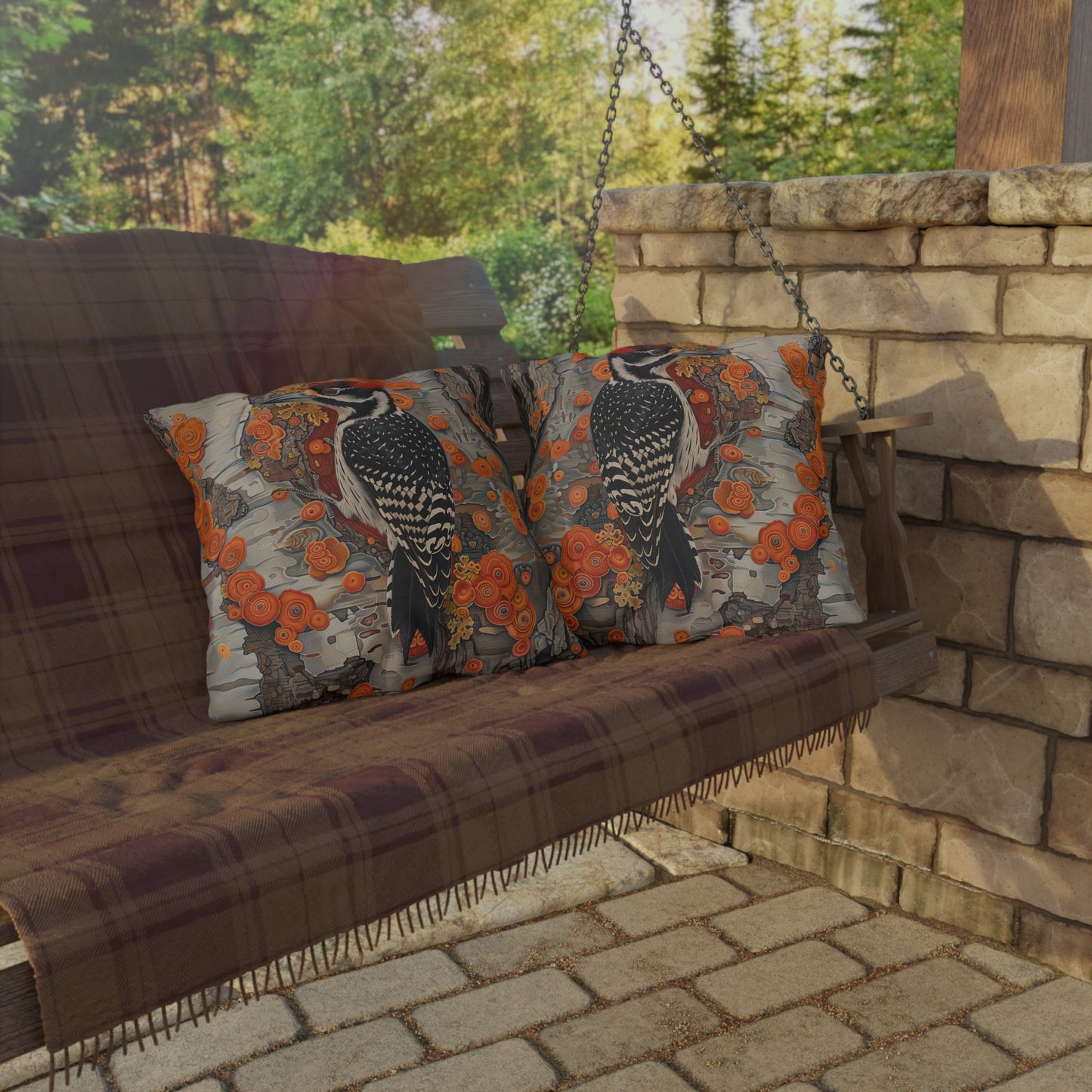 Woodpecker Outdoor Pillow, Bird Throw Pillow, Woodland Cushion, Rustic Cabin Decor Pillow, Nature Lover Gift, Botanical Accent Pillow, Wildlife Pillow